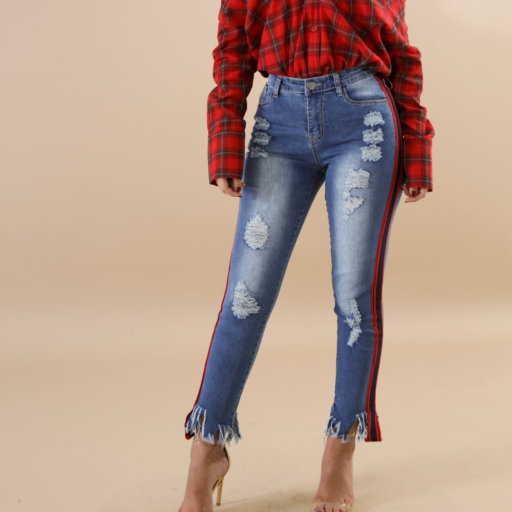 Red Stripe Distressed Fringed Jeans Juniors - Picture 3 of 5